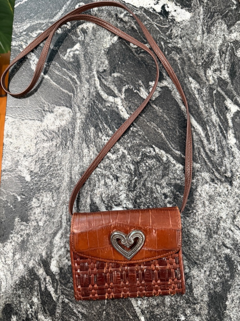 Brighton Brown Heart-Accent woven leather Crossbody organizer wallet purse.